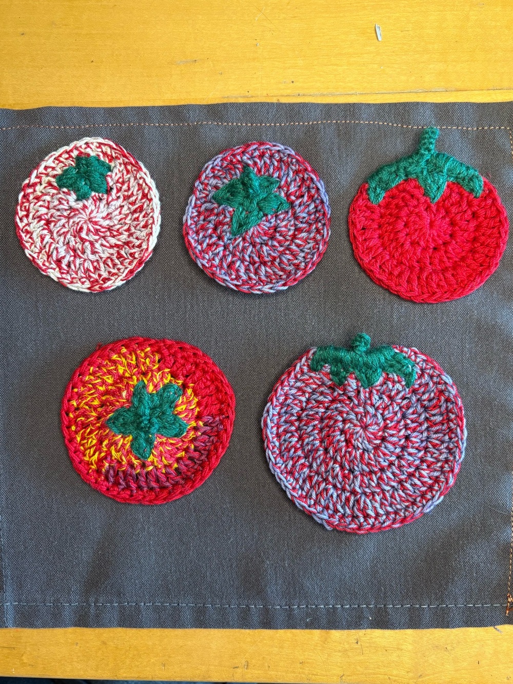 Handmade Crocheted Tomato Appliqués- Red, Purple and Green